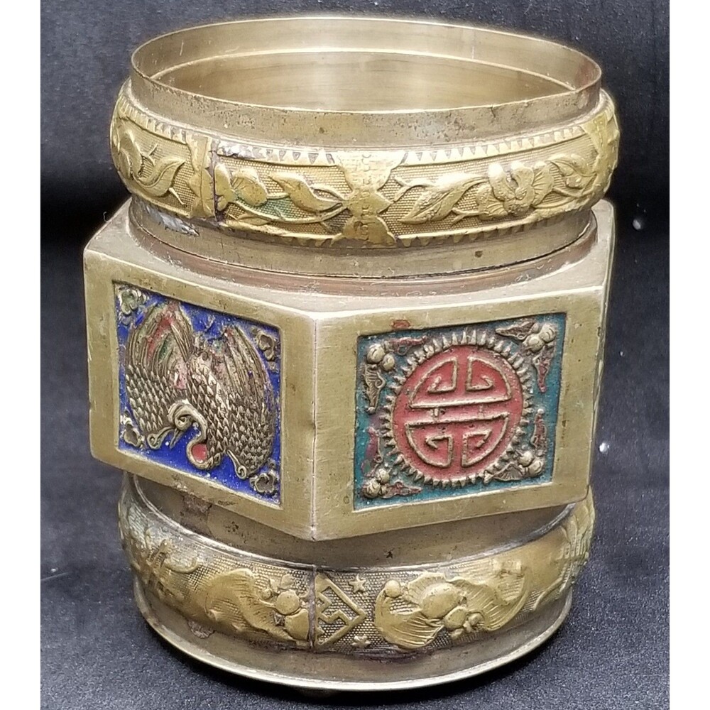 Vintage chinese octagonal enamel on brass tea caddy